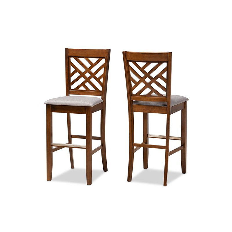 Grey Fabric Upholstered and Walnut Brown Finished Wood 2-Piece Bar Stool Set