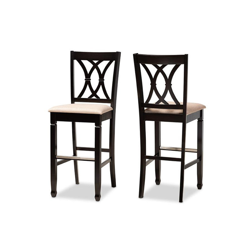 Sand Fabric Upholstered and Espresso Brown Finished Wood 2-Piece Bar Stool Set