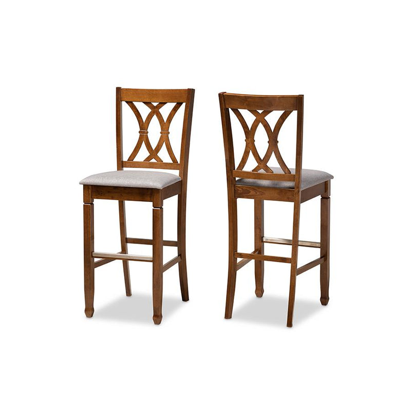 Grey Fabric Upholstered and Walnut Brown Finished Wood 2-Piece Bar Stool Set