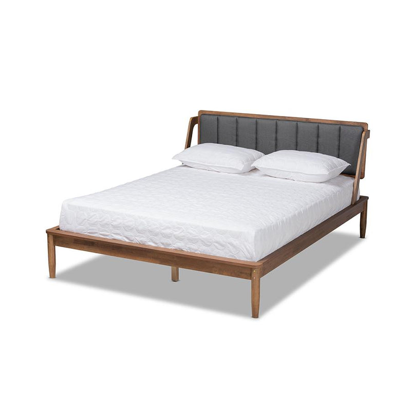 Dark Grey Fabric Upholstered and Walnut Finished Full Size Platform Bed