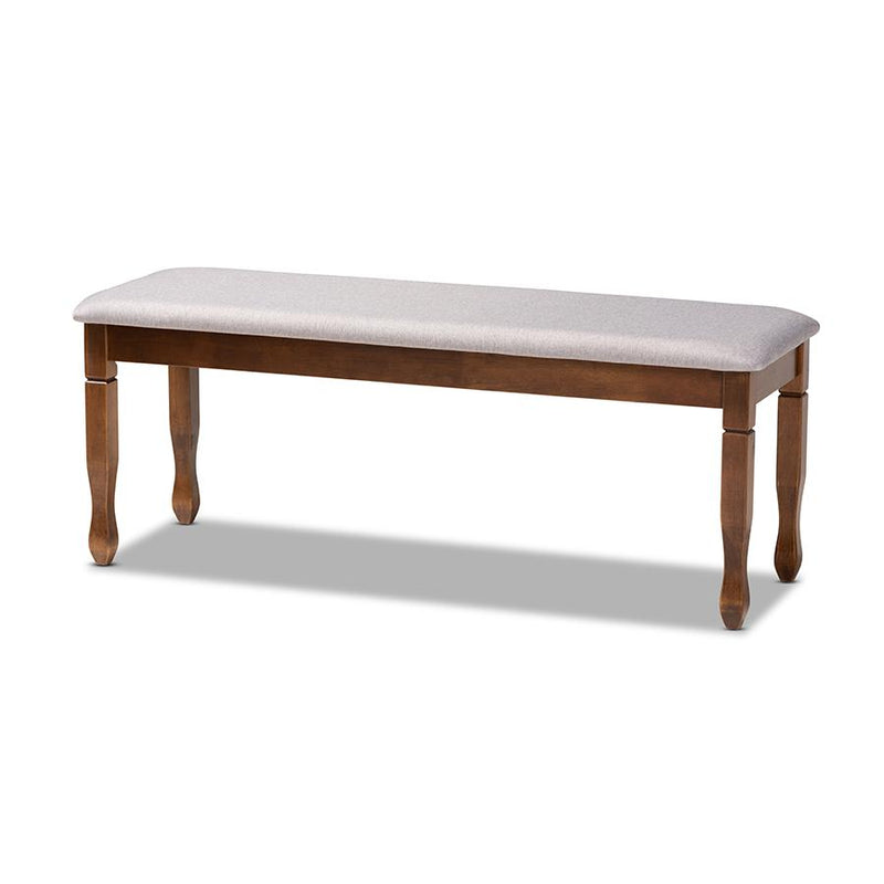 Grey Fabric Upholstered and Walnut Brown Finished Wood Dining Bench