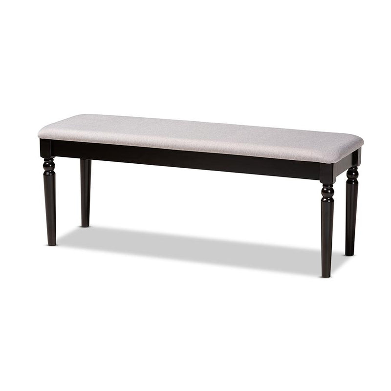 Grey Fabric Upholstered and Dark Brown Finished Wood Dining Bench