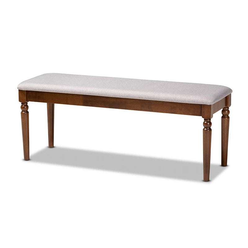 Grey Fabric Upholstered and Walnut Brown Finished Wood Dining Bench