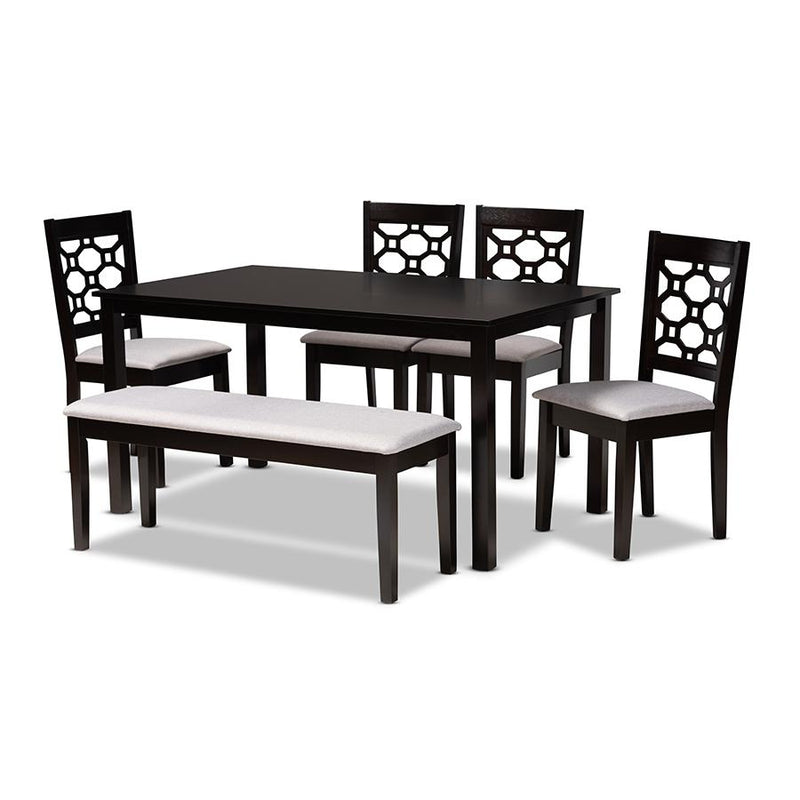 Grey Fabric Upholstered and Dark Brown Finished Wood 6-Piece Dining Set