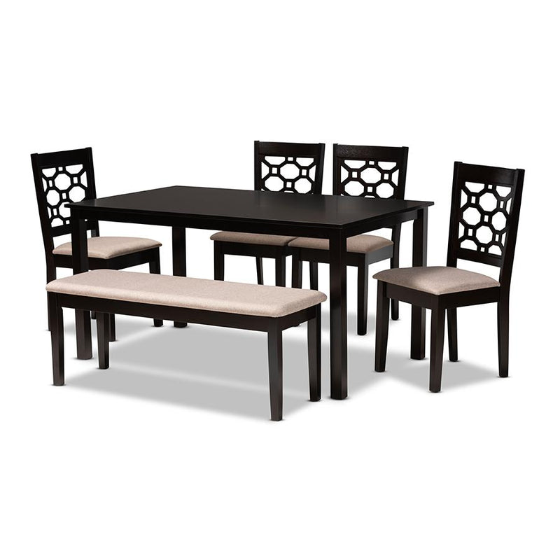 Sand Fabric Upholstered and Dark Brown Finished Wood 6-Piece Dining Set