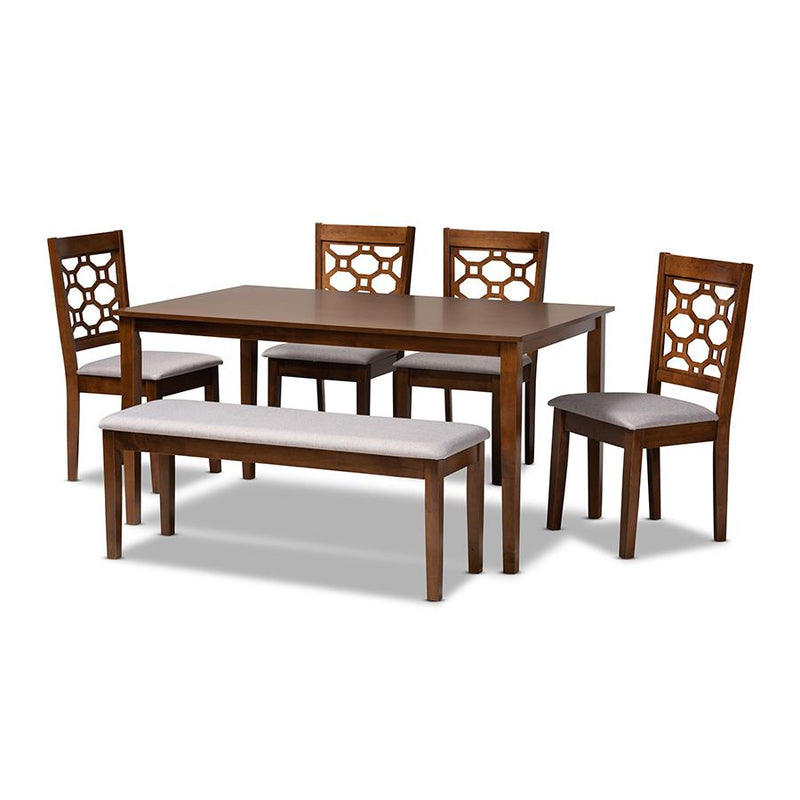 Grey Fabric Upholstered and Walnut Brown Finished Wood 6-Piece Dining Set