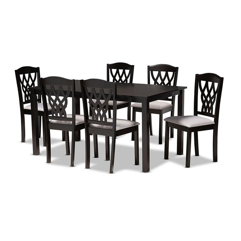 Grey Fabric Upholstered and Dark Brown Finished Wood 7-Piece Dining Set