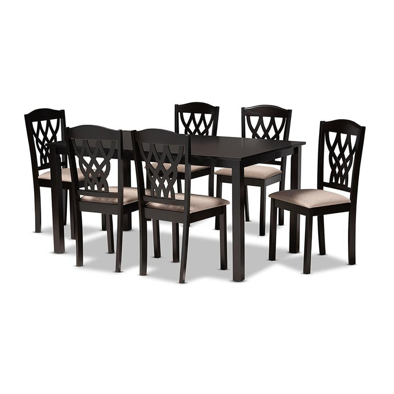 Sand Fabric Upholstered and Dark Brown Finished Wood 7-Piece Dining Set