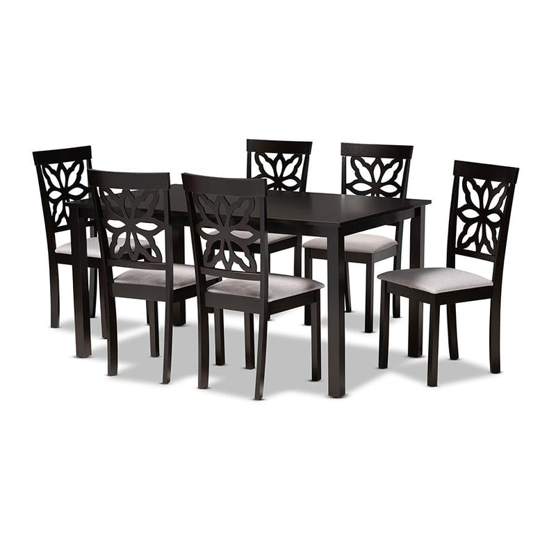 Grey Fabric Upholstered and Dark Brown Finished Wood 7-Piece Dining Set