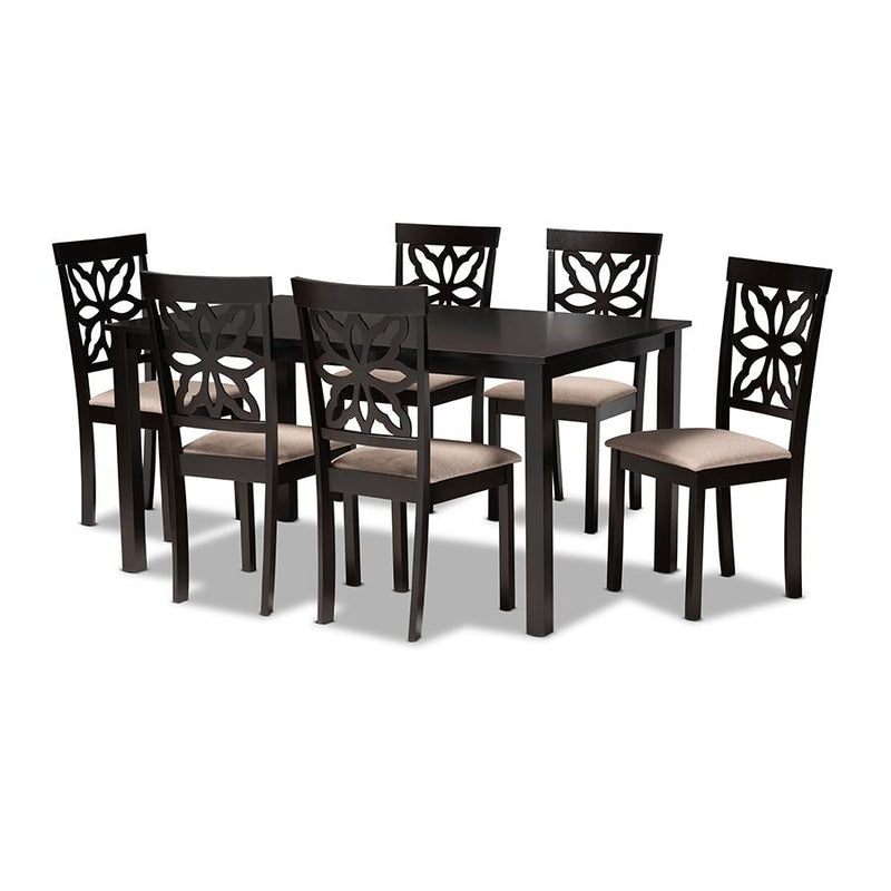 Sand Fabric Upholstered and Dark Brown Finished Wood 7-Piece Dining Set