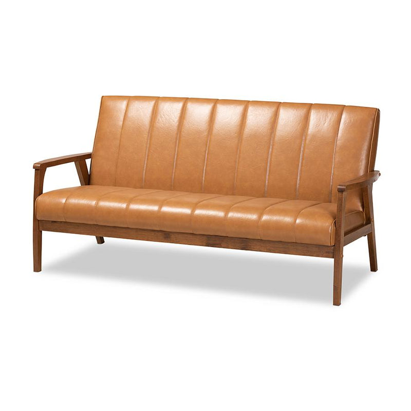 Leather Upholstered and Walnut Brown finished Wood Sofa