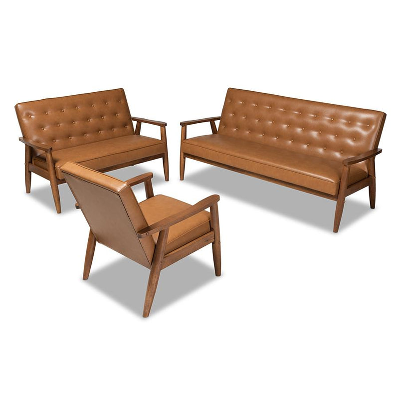 Modern Upholstered and Walnut Brown Finished Wood 3-Piece Living Room Set