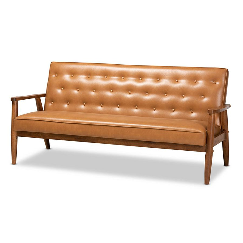 Leather Upholstered and Walnut Brown Finished Wood Sofa