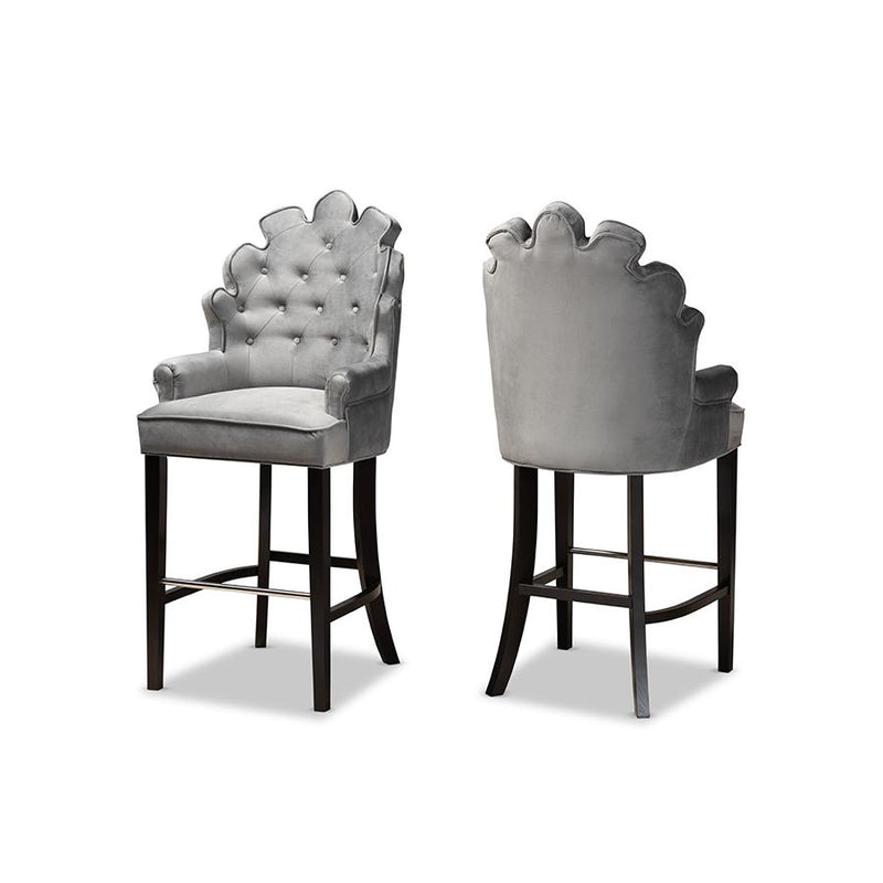 Dark Grey Velvet Upholstered and Dark Brown Finished Wood 2-Piece Bar Stool Set