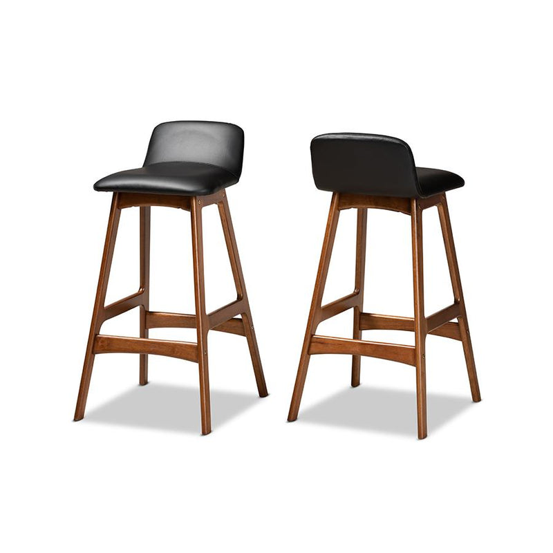 Leather Upholstered and Walnut Brown Finished Wood 2-Piece Bar Stool Set