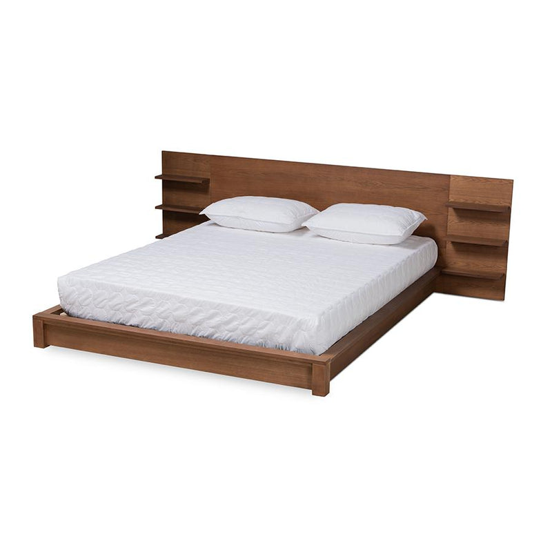 Walnut Brown Finished Wood Queen Size Platform Storage Bed with Shelves