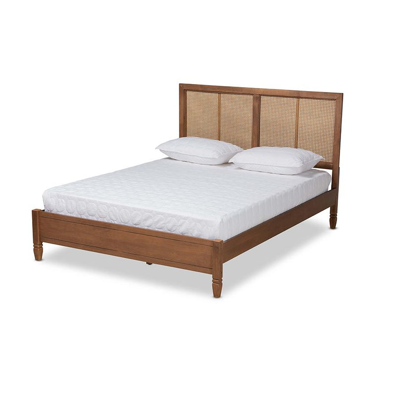 Walnut Brown Finished Wood and Synthetic Rattan Full Size Platform Bed