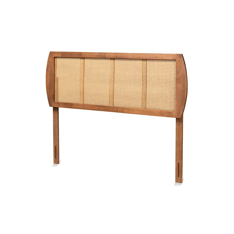 Modern Ash Walnut Finished Wood and Synthetic Rattan Full Size Headboard