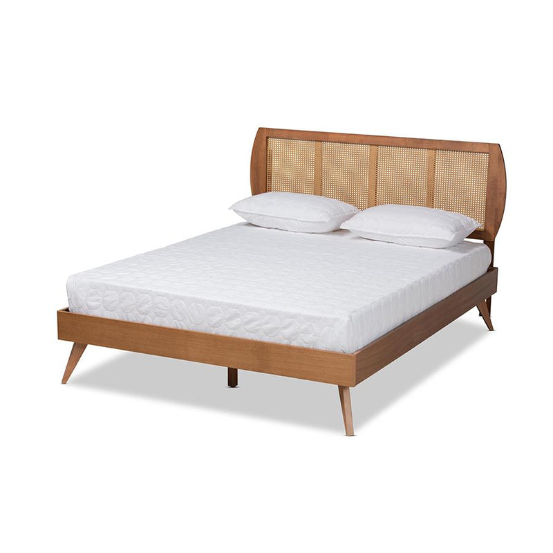 Walnut Brown Finished Wood and Synthetic Rattan Full Size Platform Bed