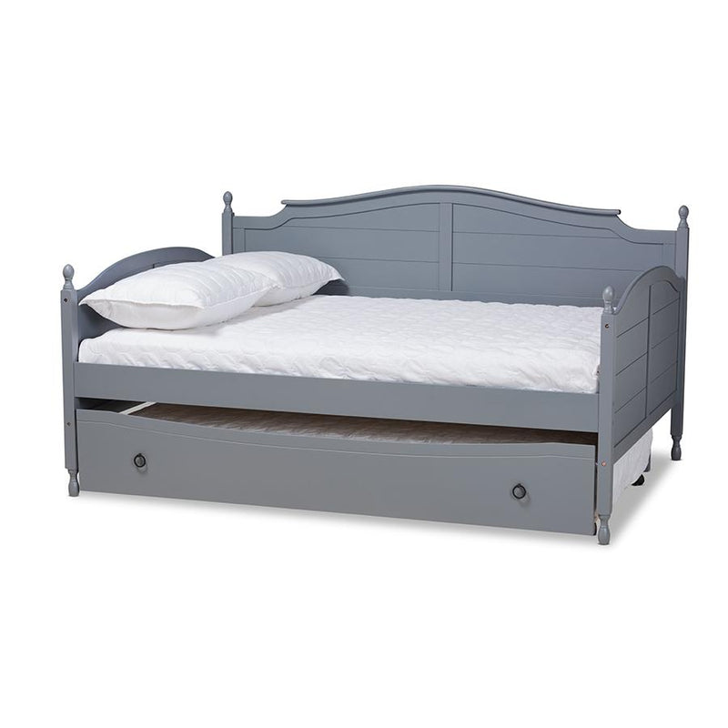 Farmhouse Grey Finished Wood Full Size Daybed with Roll-out Trundle Bed