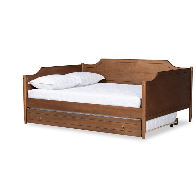 Farmhouse Walnut Brown Finished Wood Full Size Daybed with Roll-Out Trundle Bed