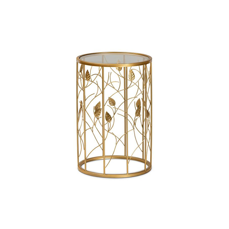 Glam Brushed Gold Finished Metal and Glass Leaf Accent End Table