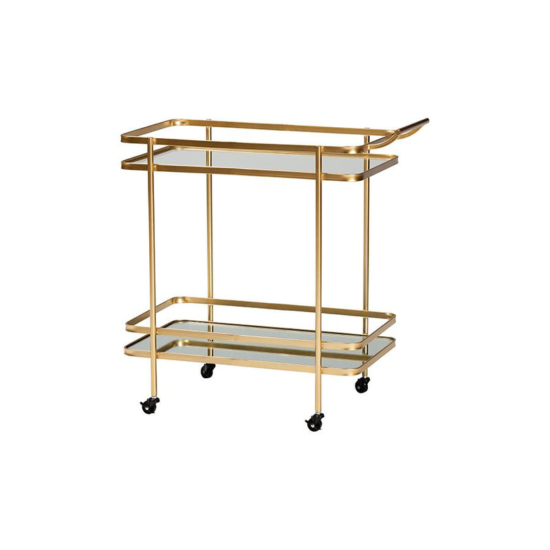 Glam Brushed Gold Finished Metal and Mirrored Glass 2-Tier Mobile Wine Bar Cart