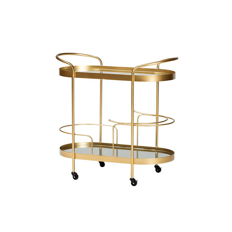 Glam Brushed Gold Finished Metal and Mirrored Glass 2-Tier Mobile Wine Bar Cart