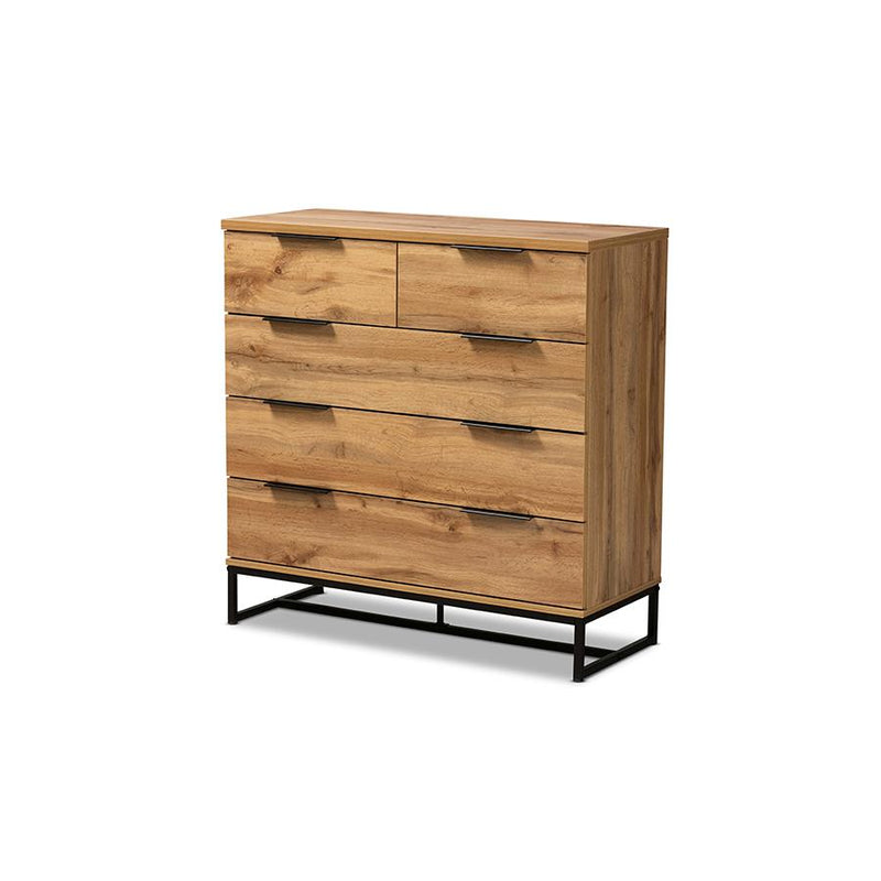 Oak Finished Wood and Black Finished Metal 5-Drawer Bedroom Chest