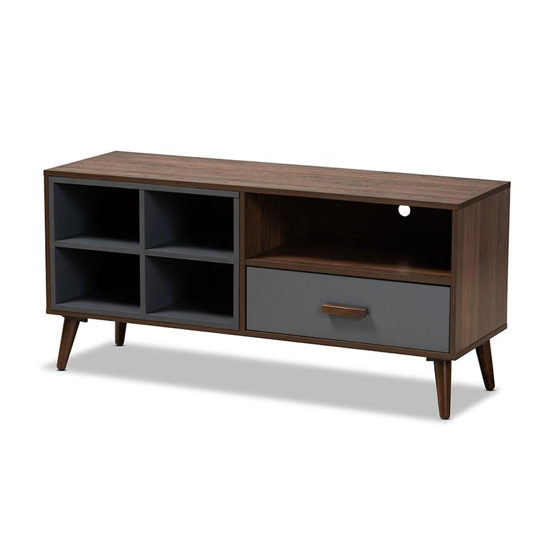 Two-Tone Grey and Walnut Brown Finished Wood 1-Drawer TV Stand