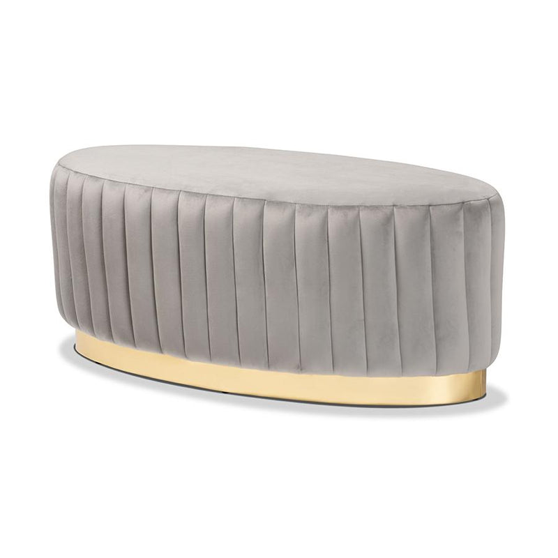 Kirana Glam and Luxe Grey Velvet Fabric Upholstered and Gold PU Leather Ottoman