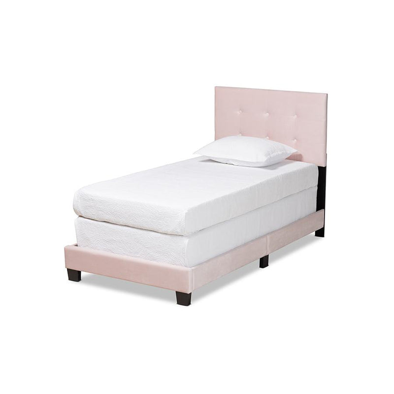 Glam Light Pink Velvet Fabric Upholstered Twin Size Panel Bed