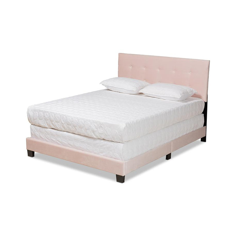 Glam Light Pink Velvet Fabric Upholstered Queen Size Panel Bed