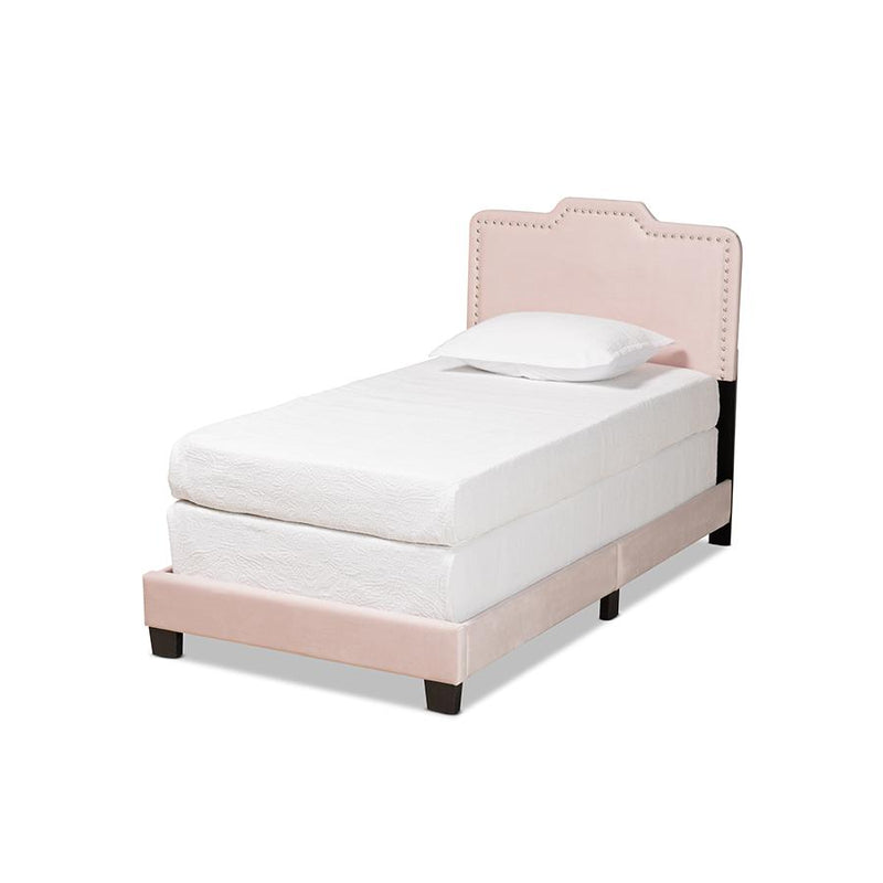 Glam Light Pink Velvet Fabric Upholstered Twin Size Panel Bed