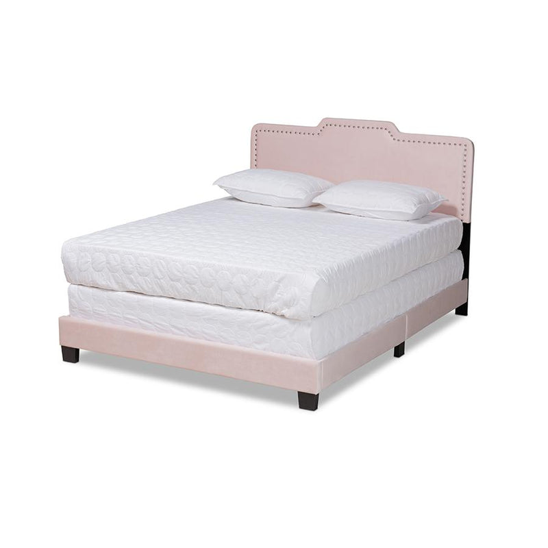 Glam Light Pink Velvet Fabric Upholstered Full Size Panel Bed