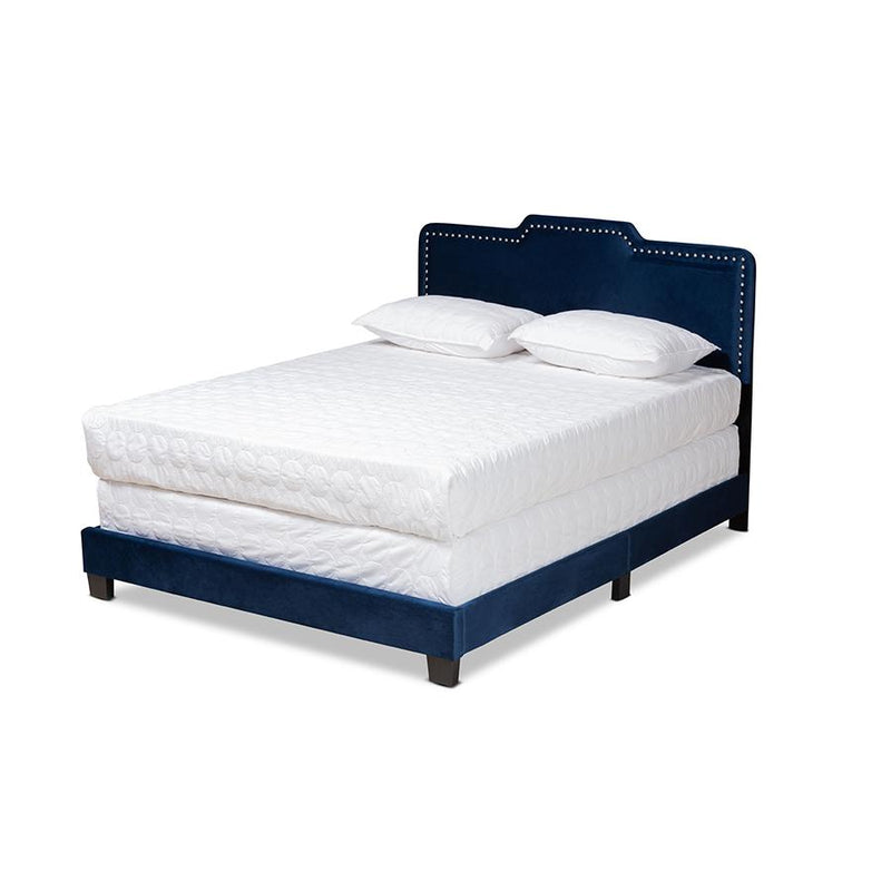 Glam Navy Blue Velvet Fabric Upholstered Full Size Panel Bed