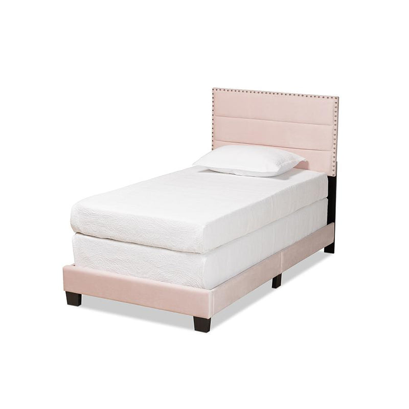 Glam Light Pink Velvet Fabric Upholstered Twin Size Panel Bed