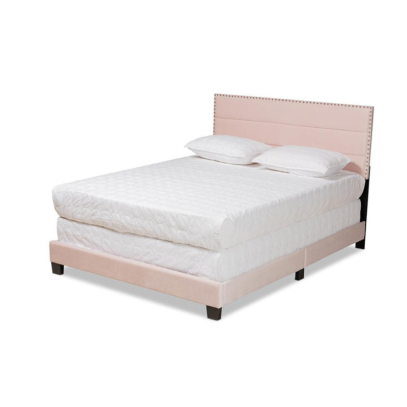 Glam Light Pink Velvet Fabric Upholstered Full Size Panel Bed