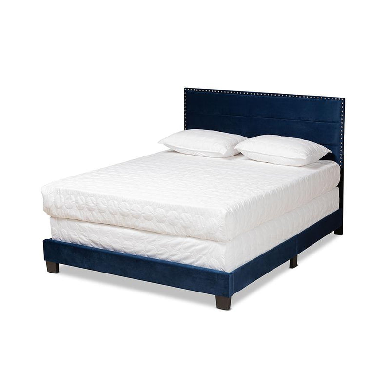 Glam Navy Blue Velvet Fabric Upholstered Queen Size Panel Bed