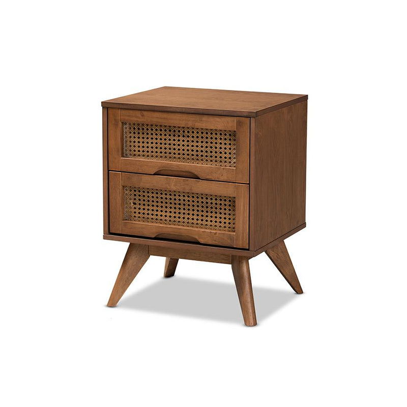 Modern Walnut Brown Finished Wood and Synthetic Rattan 2-Drawer Nightstand