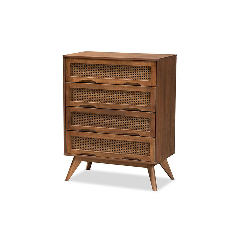 Modern Walnut Brown Finished Wood and Synthetic Rattan 4-Drawer Chest