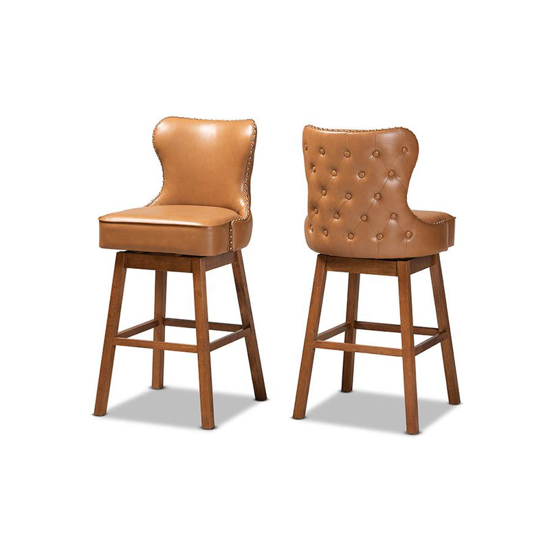 Leather Upholstered and Walnut Brown Finished Wood 2-Piece Swivel Bar Stool Set