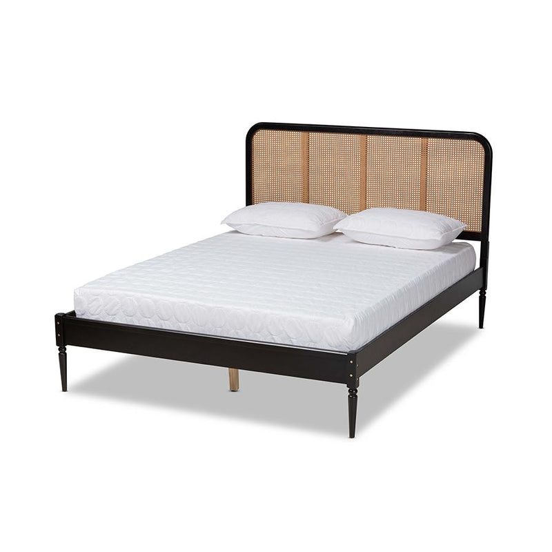 Charcoal Finished Wood and Synthetic Rattan Queen Size Platform Bed