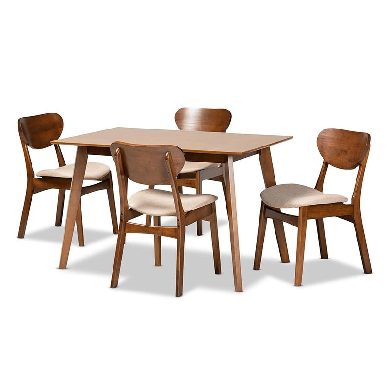 Sand Fabric Upholstered and Walnut Brown Finished Wood 5-Piece Dining Set