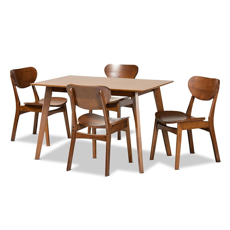 Katya Mid-Century Modern Walnut Brown Finished Wood 5-Piece Dining Set