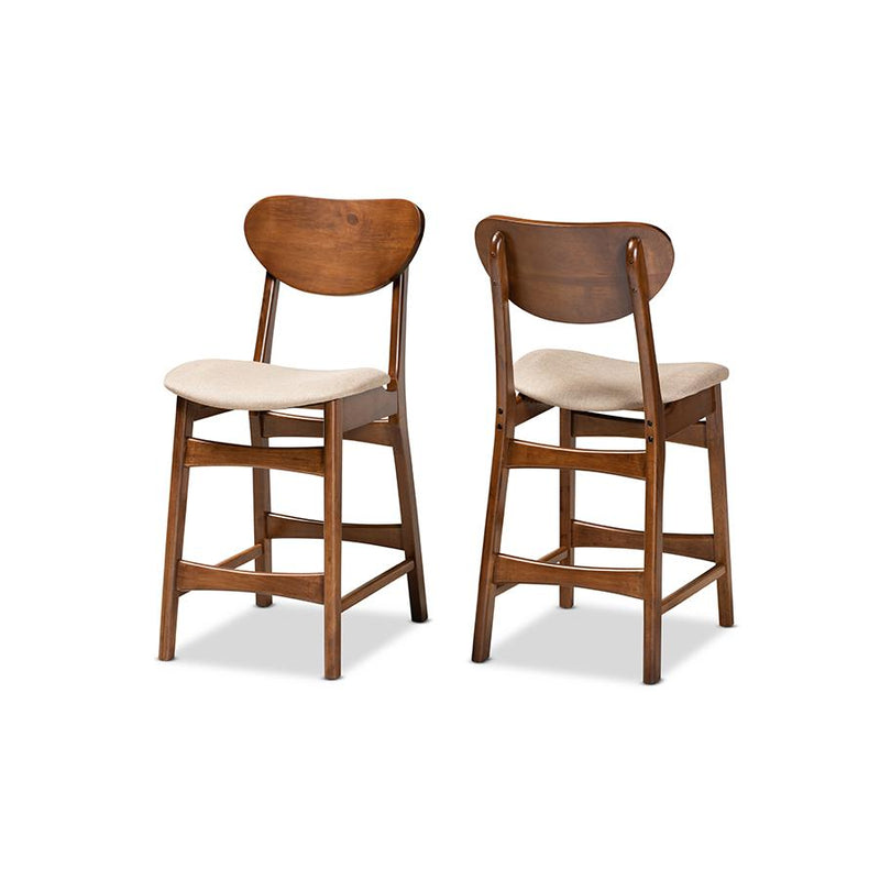 Sand Fabric Upholstered and Walnut Brown Finished Wood 2-Piece Counter Stool Set