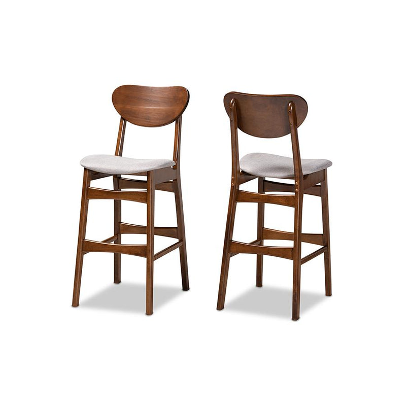 Grey Fabric Upholstered and Walnut Brown Finished Wood 2-Piece Bar Stool Set