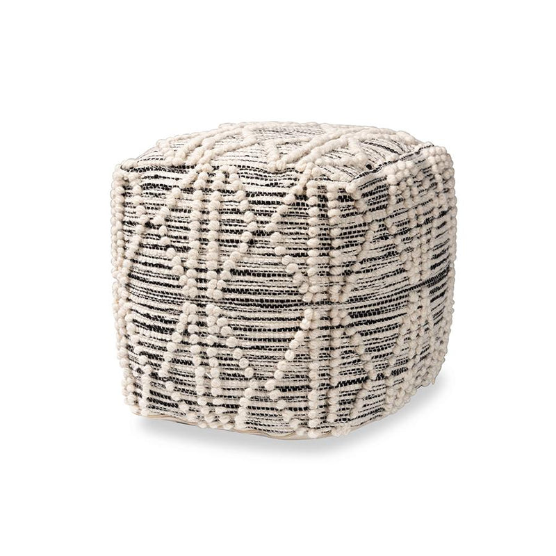 Moroccan Inspired Ivory and Black Handwoven Wool Blend Pouf Ottoman