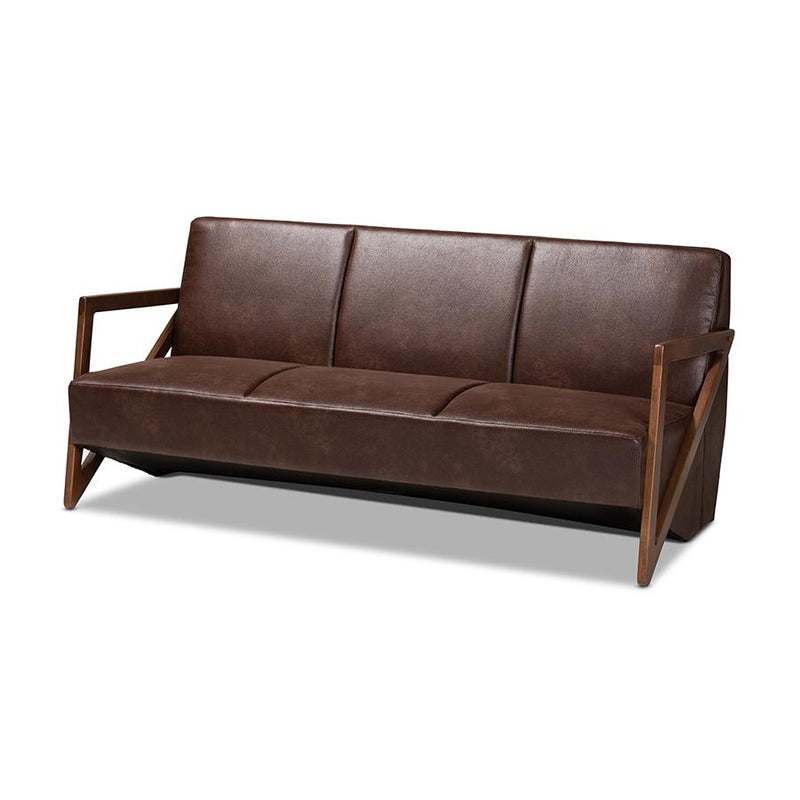 Leather Effect Fabric Upholstered and Walnut Brown Finished Wood Sofa