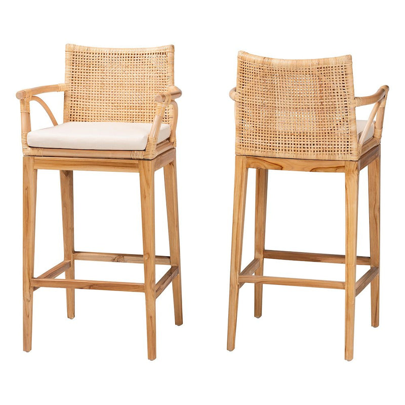 Storsel Bohemian Natural Rattan and Teak Wood 2-Piece Bar Stool Set